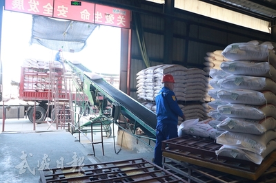 工人在進行飼料出庫作業